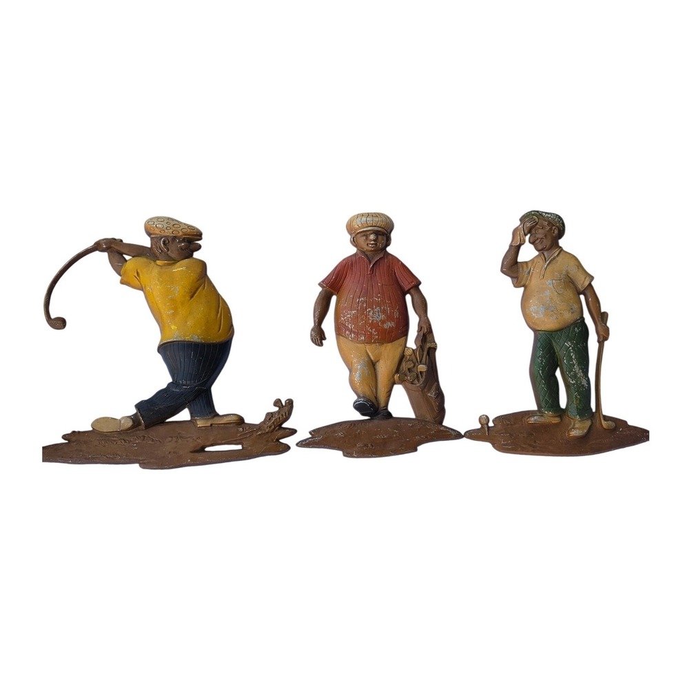 Vintage Cast Iron Golfer Figurines Set of 3 Hand Painted Golf Statues Decor‎